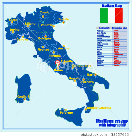 Italy map with Italian regions and infographic. Italy map with Italian regions and infographic. 52557633