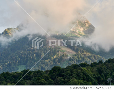Green mountain slope with cable cars and ski runs Green mountain slope with cable cars and ski runs 52589242