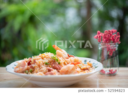 Delicious Thai fried rice with shrimp on wooden Delicious Thai fried rice with shrimp on wooden 52594823