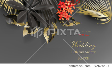Tropical black and gold leaves on dark background 52678404