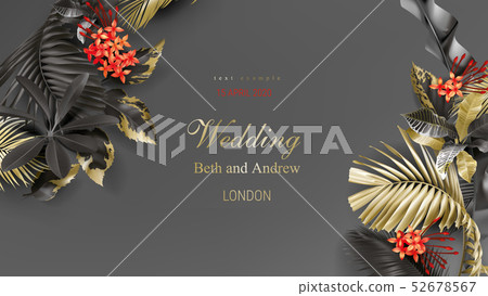 Tropical black and gold leaves on dark background 52678567