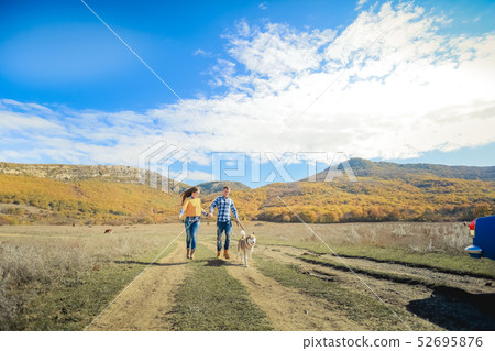 Couple walk retriever dog autumn sunset countryside meadow holding hands 52695876