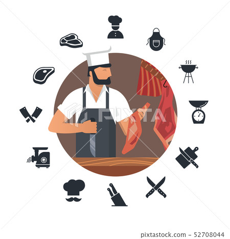 Vector illustration logo for butcher shop with bearded butchers at work plus set of flat icons. 52708044
