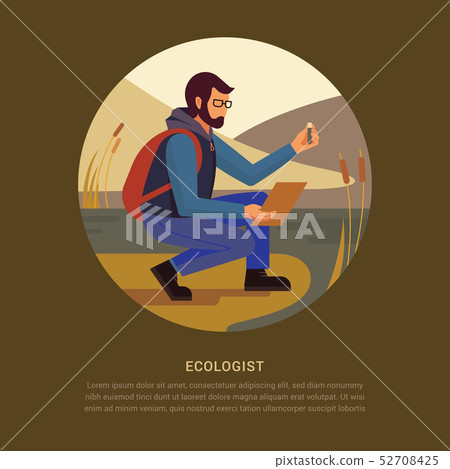 Design concept with an illustration of a ecologist in nature who takes samples from the reservoir. Design concept with an illustration of a ecologist in nature who takes samples from the reservoir. 52708425