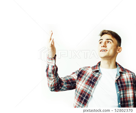 young handsome teenage hipster guy posing emotional, happy smiling against white background isolated 52802370