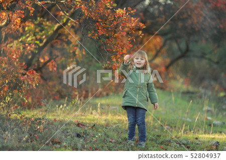 Funny kid girl pretending to be posing in autumn forest, wearing a green coat Funny kid girl pretending to be posing in autumn forest, wearing a green coat 52804937