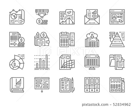 Set of Accounting Report Line Icons. Presentation, Bank Account, Resume and more 52834962