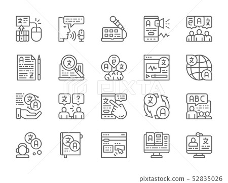 Set of Language Translation Line Icons. Education, Chat, E-book, Radio and more. 52835026