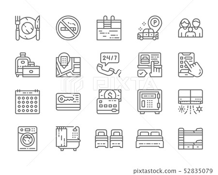 Set of Hotel Service Line Icons. Cutlery, Travel Bags, Booking Room and more. 52835079