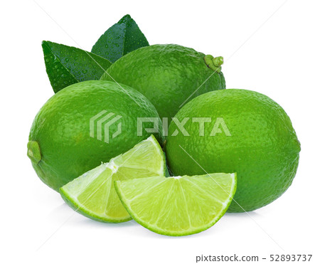 whole and slices green lime with leaves isolated 52893737