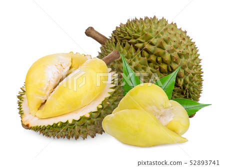 durian fruit with leaves isolated on white durian fruit with leaves isolated on white 52893741