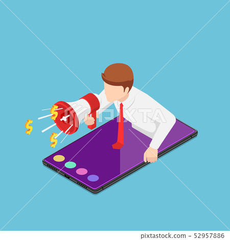 Isometric businessman shouting out with megaphone 52957886
