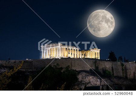 Parthenon temple on Acropolis at night, Athens, 52960048