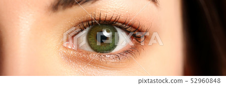 Female left emerald green coloured eye extreme closeup 52960848
