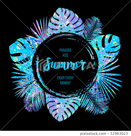 Summer tropical vector design for banner or flyer with unicorn color palm leaves and lettering. Summer tropical vector design for banner or flyer with unicorn color palm leaves and lettering. 52963023