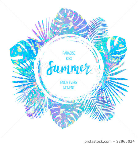 Summer tropical vector design for banner or flyer with unicorn color palm leaves and lettering. Summer tropical vector design for banner or flyer with unicorn color palm leaves and lettering. 52963024
