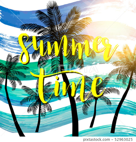 Handmade poster on watercolor brush stroke background with palm trees. Vector illustration Handmade poster on watercolor brush stroke background with palm trees. Vector illustration 52963025