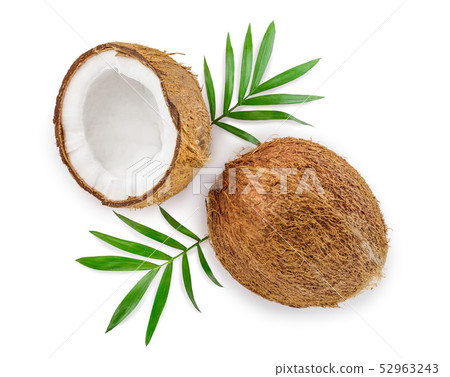 coconut with leaves isolated on white background. Top view. Flat lay coconut with leaves isolated on white background. Top view. Flat lay 52963243