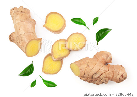 fresh Ginger root and slice isolated on white background with copy space for your text. Top view 52963442