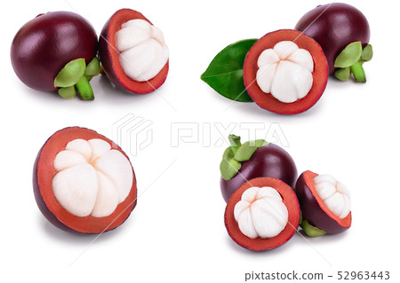 ripe mangosteen with leaves isolated on white background closeup. Set or collection ripe mangosteen with leaves isolated on white background closeup. Set or collection 52963443