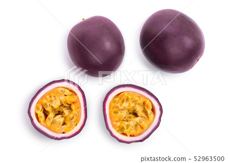 Two whole passion fruits and a half isolated on white background. Isolated maracuya. Top view. Flat Two whole passion fruits and a half isolated on white background. Isolated maracuya. Top view. Flat 52963500