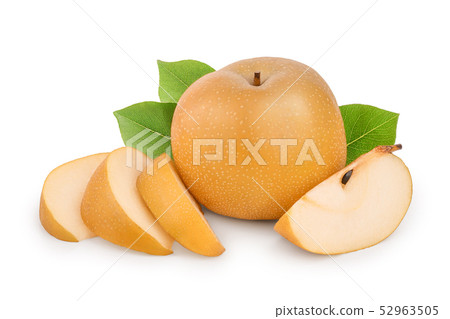 Fresh asian pear with slices and leaf isolated on white background 52963505