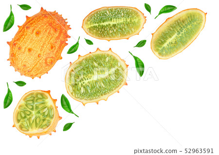 Kiwano or horned melon isolated on white background with copy space for your text. Top view. Flat 52963591