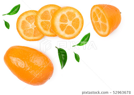 Cumquat or kumquat with slies isolated on white background. Top view. Flat lay Cumquat or kumquat with slies isolated on white background. Top view. Flat lay 52963678