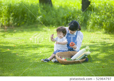 Parents and children enjoying a kitchen garden 52964797