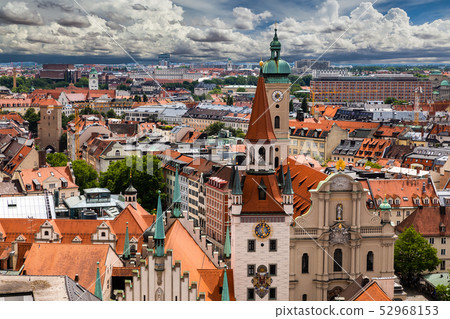 Aerial view on Marienplatz town hall and Frauenkirche in Munich, Germany 52968153