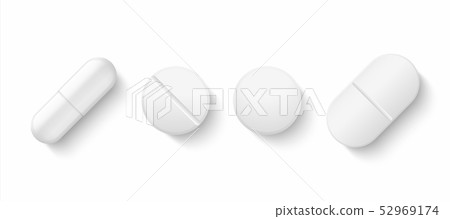 Realistic white pills. 3D drugs medicine capsules and vitamins, healthcare pharmacy tablets. Vector 52969174