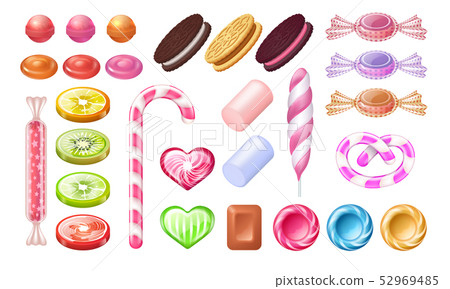 Candies and lollipops. Sweet jelly chocolate peppermint candies and cookies. Vector realistic set of 52969485