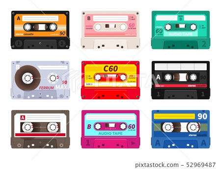 Retro cassettes. Vintage 1980s music tape, dj rave party mix, realistic stereo record set. Vector 52969487
