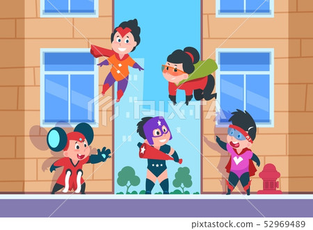 Superhero kids background. Children comic characters, cartoon happy kids in superhero costumes on 52969489
