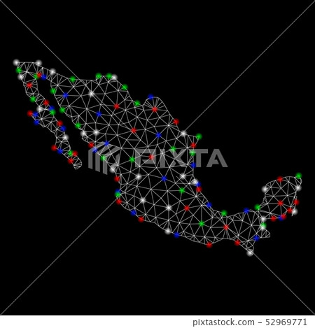 Bright Mesh Wire Frame Mexico Map with Light Spots - Stock Illustration ...