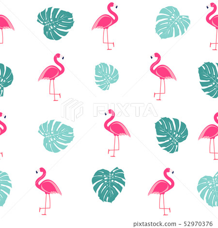 Tropic Palm Leaf and Pink Flamingo seamless Tropic Palm Leaf and Pink Flamingo seamless 52970376
