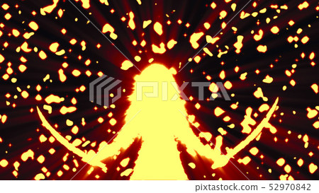 Orange silhouette woman warrior with two raised Orange silhouette woman warrior with two raised 52970842