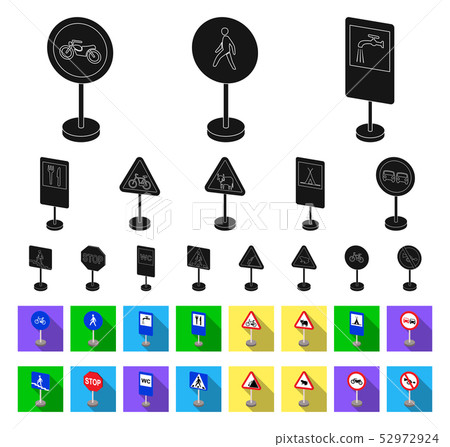 Different types of road signs black,flat icons in set collection for design. Warning and prohibition Different types of road signs black,flat icons in set collection for design. Warning and prohibition 52972924