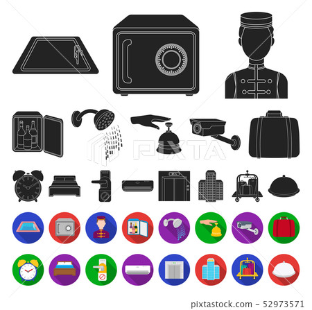 Hotel and equipment black,flat icons in set collection for design. Hotel and comfort vector symbol Hotel and equipment black,flat icons in set collection for design. Hotel and comfort vector symbol 52973571
