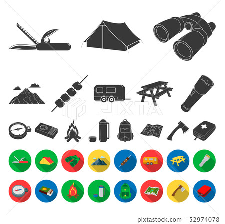 Rest in the camping black,flat icons in set... - Stock Illustration ...