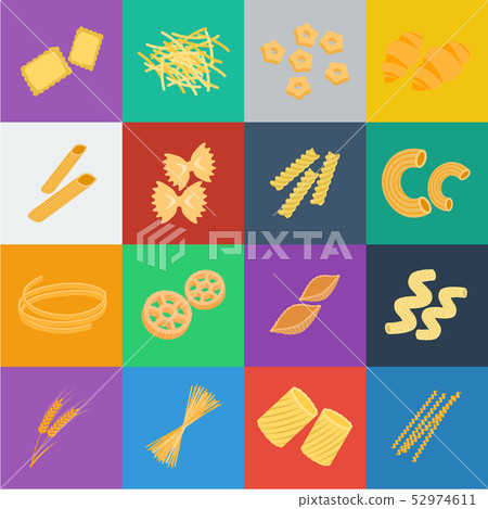 Types of pasta cartoon icons in set collection for design. Figured macaroni for eating vector symbol Types of pasta cartoon icons in set collection for design. Figured macaroni for eating vector symbol 52974611