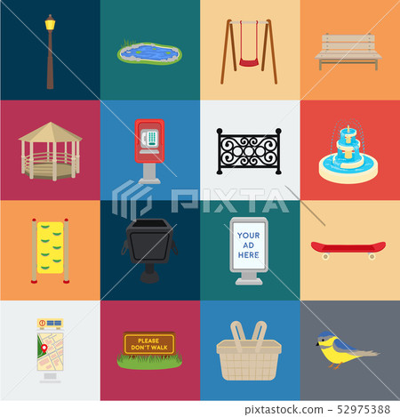 Park, equipment cartoon icons in set collection for design. Walking and rest vector symbol stock web 52975388