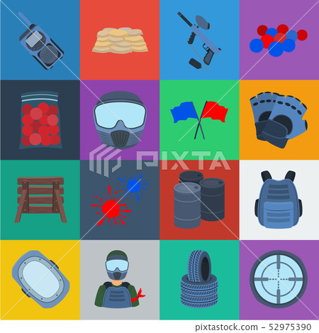 Paintball, team game cartoon icons in set collection for design. Equipment and outfit vector symbol 52975390