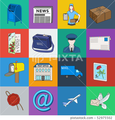 Mail and postman cartoon icons in set collection for design. Mail and equipment vector symbol stock Mail and postman cartoon icons in set collection for design. Mail and equipment vector symbol stock 52975502