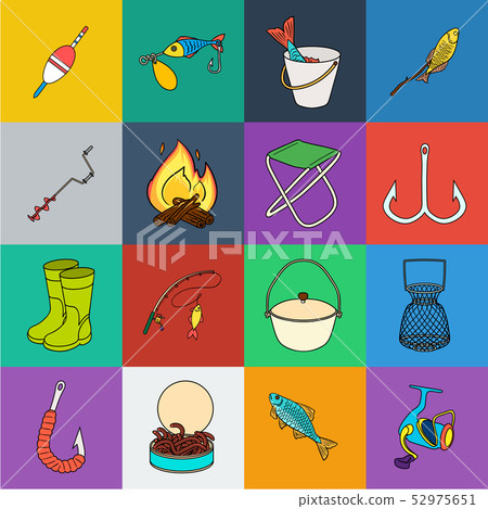 Fishing and rest cartoon icons in set collection for design. Tackle for fishing vector symbol stock Fishing and rest cartoon icons in set collection for design. Tackle for fishing vector symbol stock 52975651