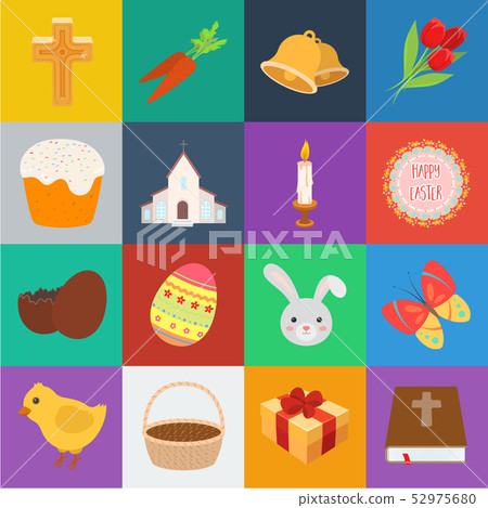 Easter is a Christian holiday cartoon icons in set collection for design. Easter attributes vector 52975680