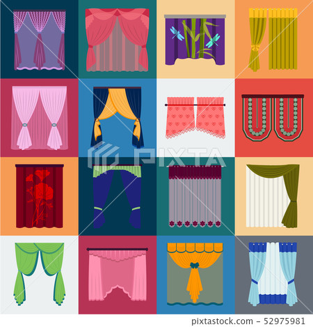Different kinds of curtains cartoon icons in set collection for design. Curtains and lambrequins Different kinds of curtains cartoon icons in set collection for design. Curtains and lambrequins 52975981