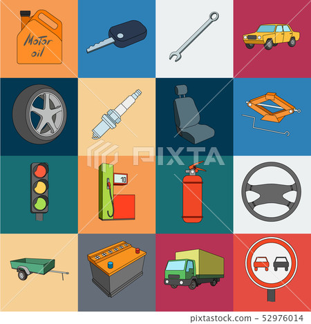Car, vehicle cartoon icons in set collection for design. Car and equipment vector symbol stock web 52976014