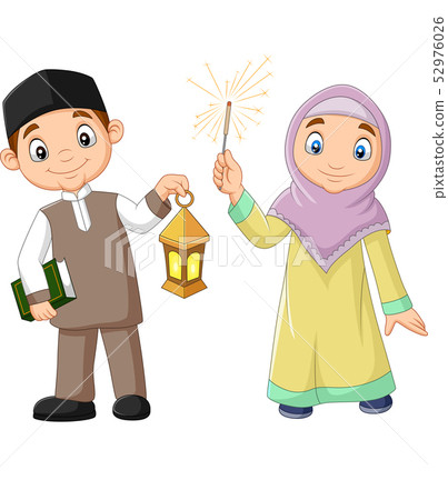 Happy Muslim kids with Quran Book and Lantern 52976026