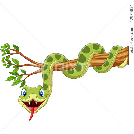 Cartoon green snake on tree branch 52976034